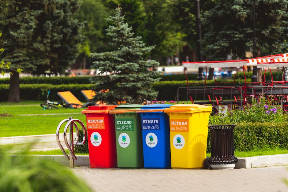 A row of four recycling bins positioned on a paved area outside a property, designated for different waste materials including plastic, glass, paper, and metal, each with distinct colours and clear labels in Cyrillic script. The red bin for plastic features a lid slightly open, with a small portion of plastic waste visible. The green bin for glass is closed, while the blue bin for paper and the yellow bin for metal are both sealed. Behind the bins, there is a lush green landscape with well-maintained grass, a small evergreen tree, and other trees with dense foliage. To the left of the bins, a bicycle rack with a curved metal frame is visible. In the background, outdoor furniture such as orange sun loungers and a red picnic table, along with a row of parked bicycles, are set on a grassy area under the shade of large trees. The image is well-lit with natural daylight, and the scene captures a typical outdoor setting related to home relocation and waste management during a move, as managed by Man with Van Woodside Park during packing and moving processes near Woodside Park.