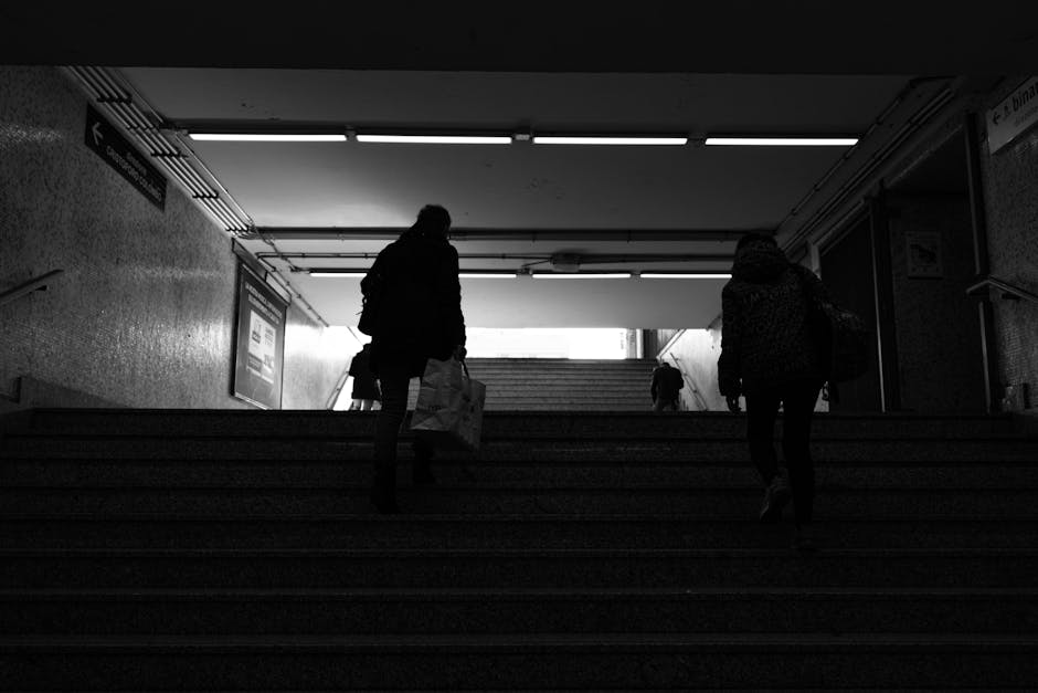 A downward view of an escalator inside a building, positioned between smooth, cream-colored wall panels with reflective surfaces. The escalator's black rubber steps are in the foreground, leading upward out of the frame, with metal handrails running along both sides. Overhead, long fluorescent light fixtures illuminate the space, casting a bright, even light on the interior. The setting appears clean and modern, typical of an underground or urban transit station, with lighting and design elements emphasizing the vertical movement and travel corridor, relevant to home relocation and moving logistics handled by Man with Van Woodside Park.