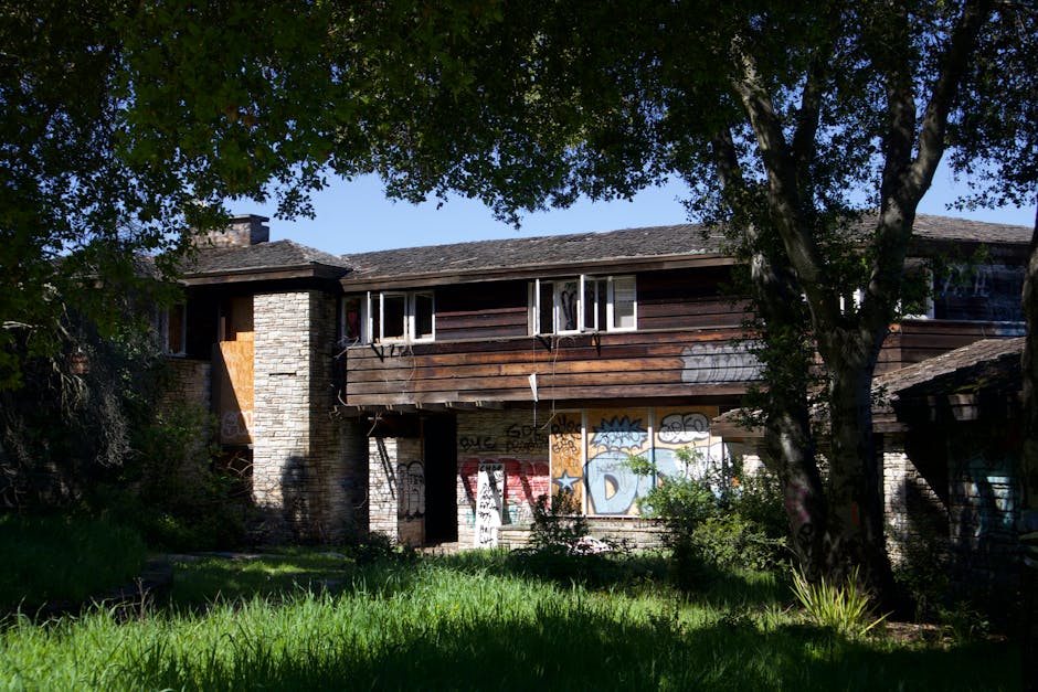 The image depicts a two-storey residential house with a mix of brick and wooden exterior walls, situated behind a large tree with green foliage. The upper level has wooden cladding with multiple windows, some of which are open, revealing interior curtains. The ground level appears to be vacant or abandoned, with the lower windows and garage door covered in colorful graffiti artwork, including various tags and symbols. The house's surroundings include a grassy lawn with some overgrown vegetation and a paved pathway or driveway leading towards the building. The overall environment suggests an urban or suburban area, with natural daylight illuminating the scene. The condition of the property indicates it could be in the process of clearance or renovation, aligned with house removal or relocation services such as those provided by Man with Van Woodside Park, especially for urgent eviction moveouts in the Woodside Park area. The presence of graffiti and overgrown elements emphasizes the importance of professional clearing and moving logistics to facilitate property clearance efficiently.